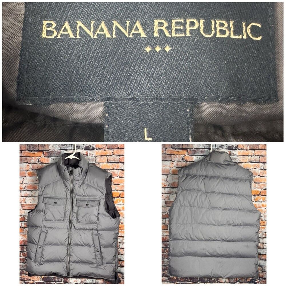 Banana Republic Men's Nylon Vest Puffer Down Feathers Silver Gray Large